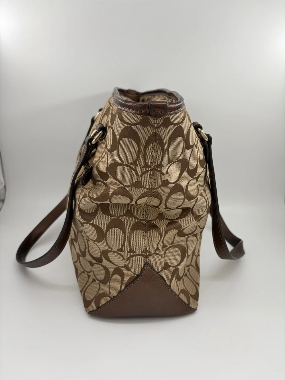 Coach Beige Brown Signature Canvas Tote with Dark Brown Straps